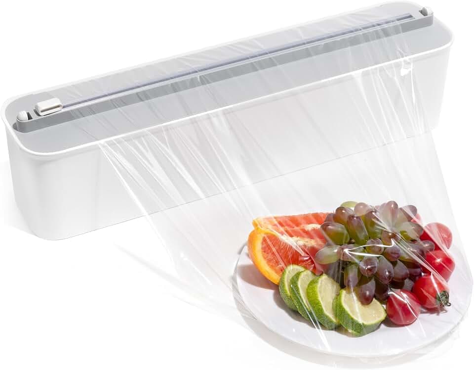 Aluminum Foil & Plastic Wrap Dispenser with Cutter - Magnetic & No-Drill Wall Mount, Cling Film Dispenser for Countertops & Cabinets, Space-Saving Kitchen Organizer - Fits 150 m Rolls, White