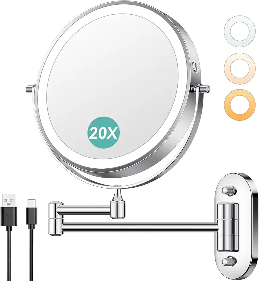 Auxmir 1X/20X Wall Mounted Makeup Mirror, 8" Rechargeable Magnifying Mirror
