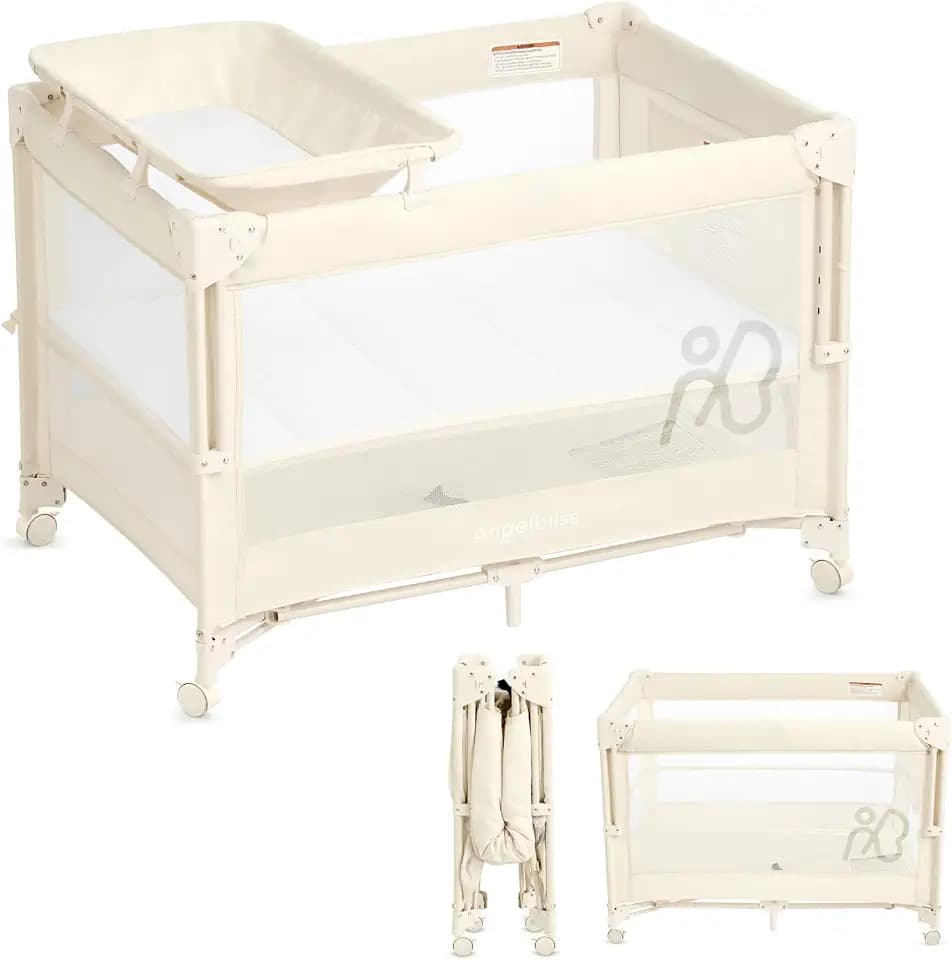 ANGELBLISS Pack and Play, Baby Bassinet Bedside Crib with Changer, Beige