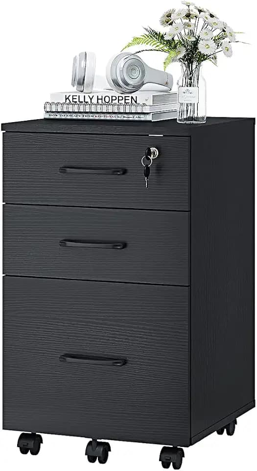 Panana 3 Drawer Wood Mobile File Cabinet, Under Desk Storage Drawers Small File Cabinet for Home Office (Black)