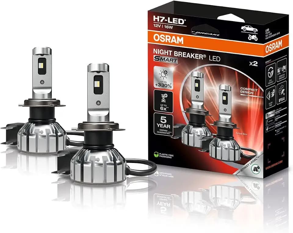 Osram NIGHT BREAKER LED SMART H7; bis zu 330% mehr Helligkeit; 6000K, 12V, LED-Fern- und Abblendlicht mit Straßenzulassung, white