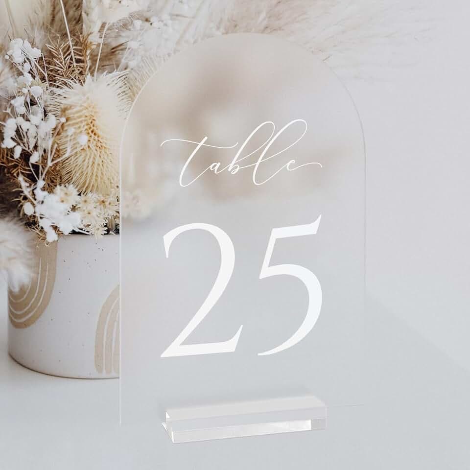 Frosted Arch Table Numbers for Wedding, 5x7 Inch Acrylic Table Numbers 1-25 with Stands, Frosted Acrylic Arch Tabletop Sign with Holder for Centerpiece, Reception, Wedding, Party, Event