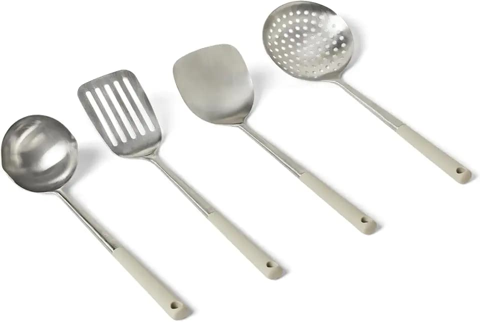 Amazon Basics Stainless Steel Cooking Utensil Set with Ladle, Spatula, Slotted Spatula and Slotted Spoon, 4-Piece Set, Soft Grip Handle, Dishwasher-Safe, Linen Gray