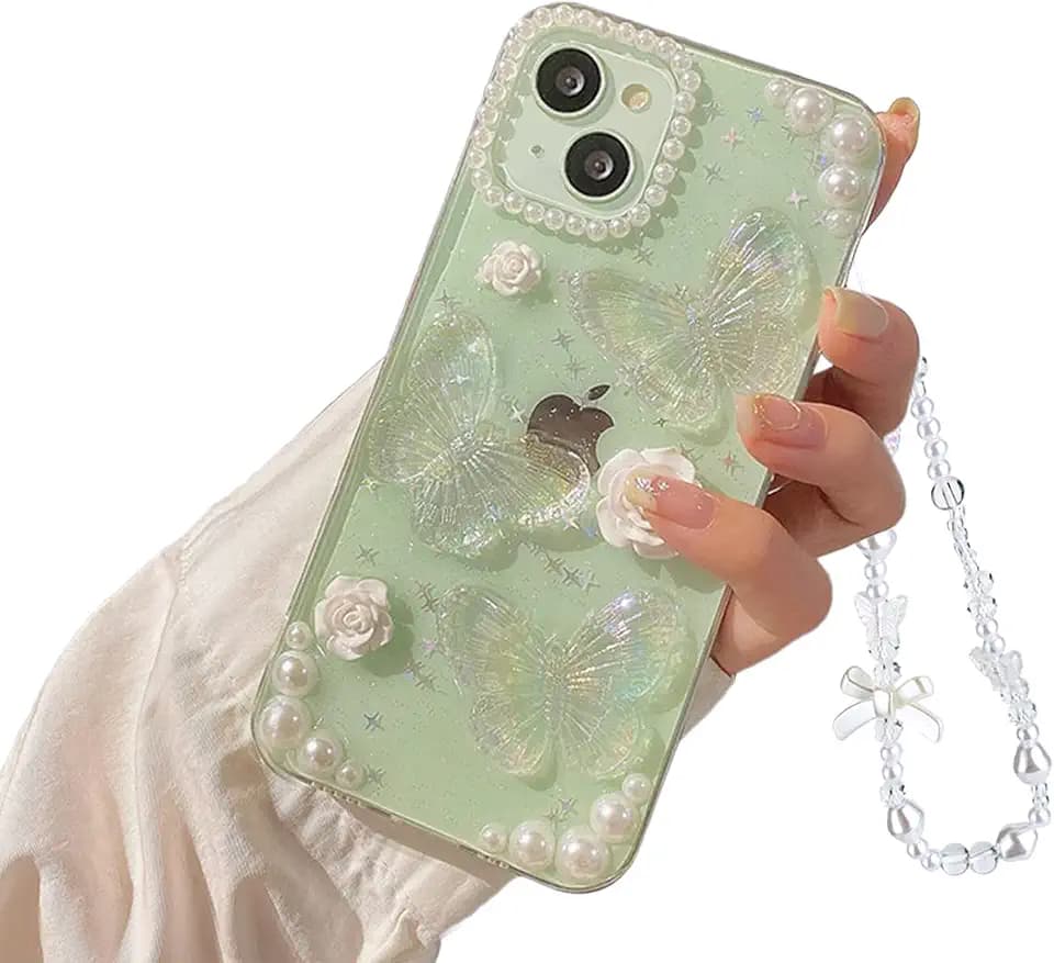 Compatible with iPhone 14/13 Butterfly Floral Clear with Design Aesthetic Women Teen Girls Glitter Pretty Crystal Sparkle Sparkly Cute Girly Phone Cases Protective Cover+Chain-Clear