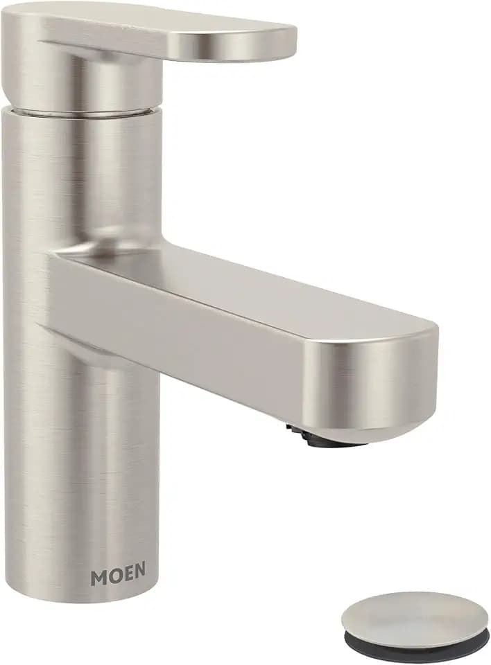 Moen Laris Spot Resist Brushed Nickel One-Handle Single Hole Modern Bathroom Sink Faucet with Optional Deckplate and Spring Loaded Drain Assembly, 84014SRN