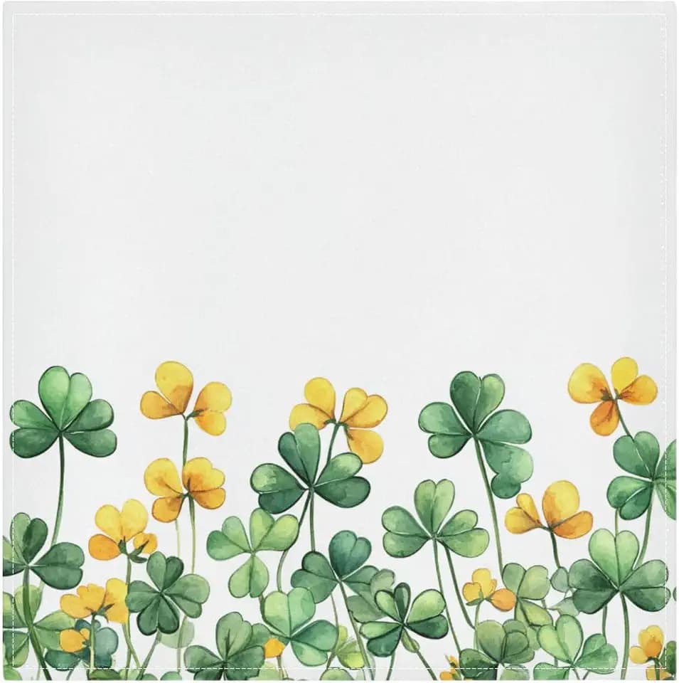 St. Patrick's Day Cloth Napkin Border of Green Clover Yellow Flowers Decor Cloth Napkin Set of 6 Washable Reusable Polyester Table Napkins for Family Dinner Party Holiday