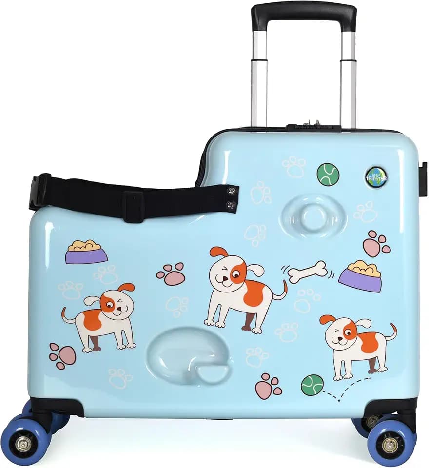 BLUE PUPPY Kids Ride On Suitcase | 21-Inch Toddler Travel Luggage | Carry On Friendly, Rideable, Trolley Case with Seat, Safety Strap and 360 Spinner Wheels, Ages 2-6, Holds up to 80 lb
