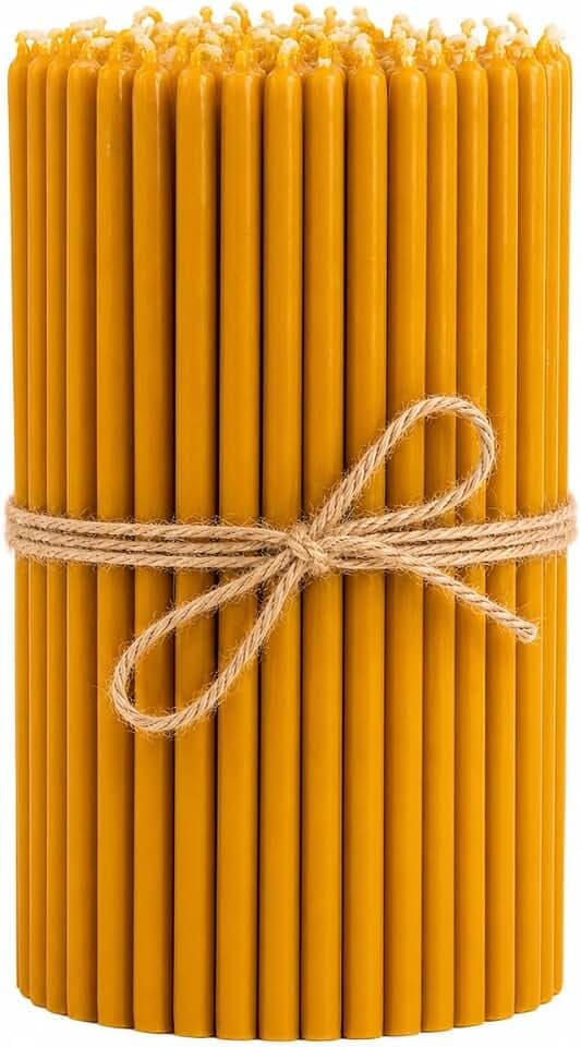 50 Pack Pure Beeswax Taper Candles, 7.87 x 0.24 in, Made in Ukraine