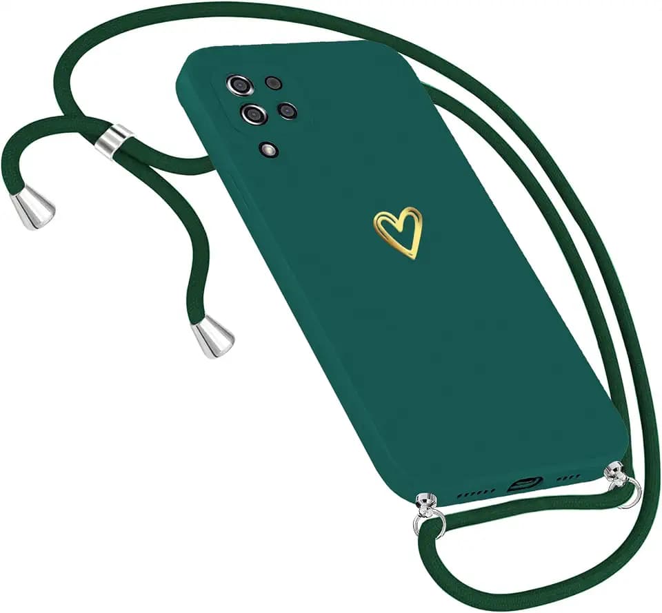 Handykette Hülle für Samsung Galaxy A12 Hülle Necklace, Herz Motiv Muster Handyhülle für Samsung Galaxy A12 Hülle mit Band Kordel zum Umhänge Band Ultradünn Hülle für Samsung A12 Handykette (Grün)