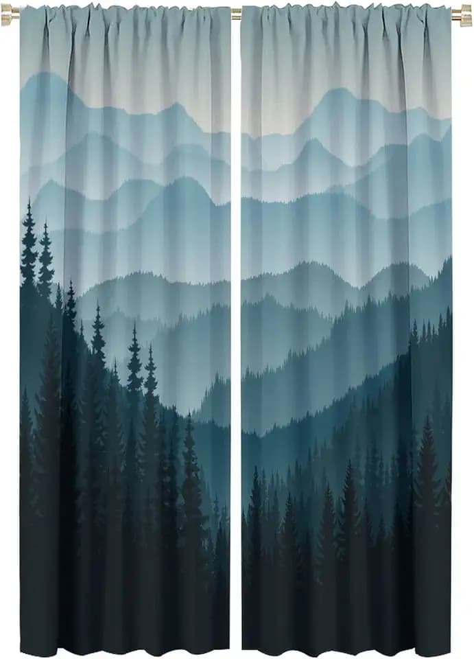 Mountain Blackout Curtains Misty Forest Nature Woodland Scenery Landscape Art Print for Living Room Bedroom Kitchen Decor Rod Pocket Window Drapes 2 Panels 42x63in