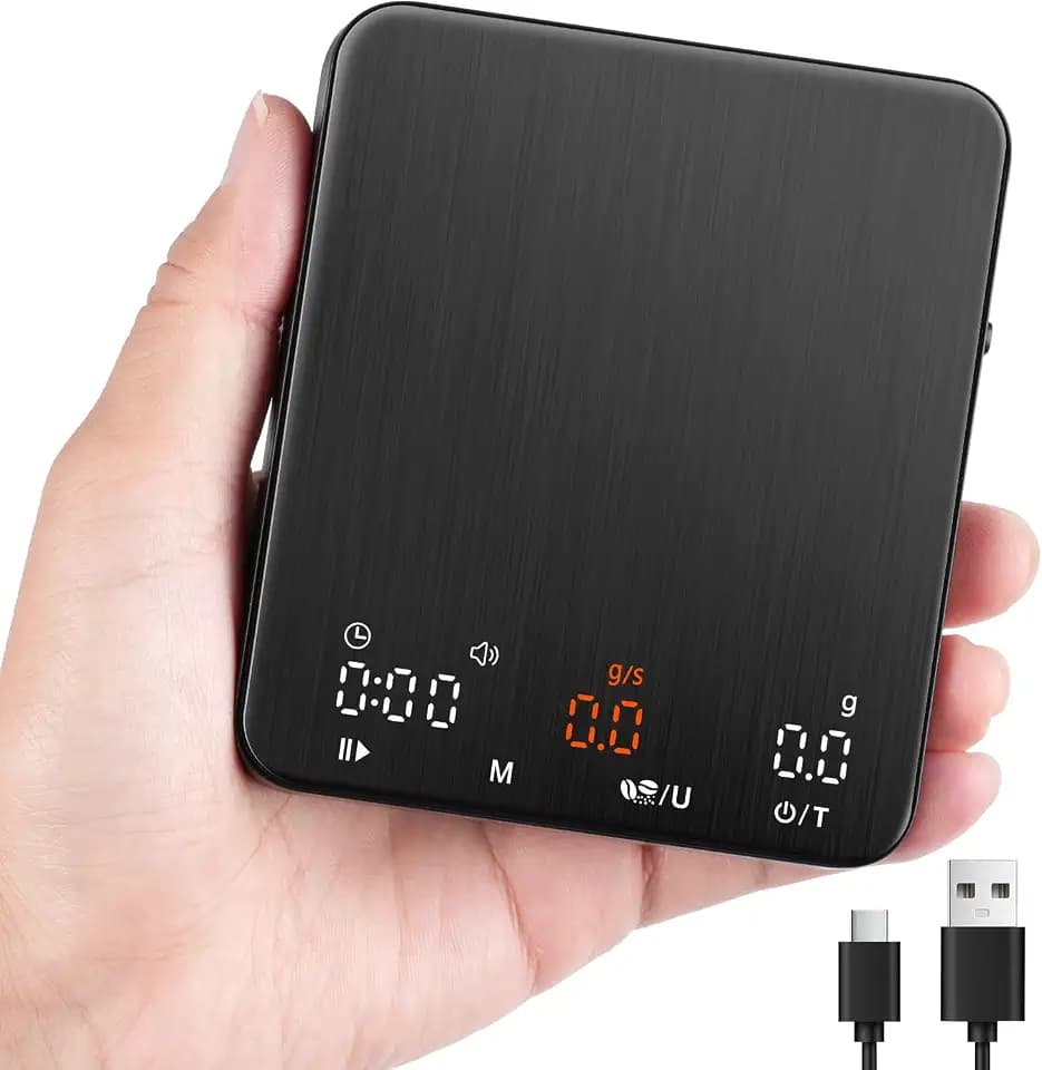 TIPRE Mini Espresso Coffee Scale with Timer & Flow Rate, 2kg/0.1g Precision Digital Coffee Scale, Portable Espresso Scale Rechargeable via USB-C, Triple Brew Modes, LED Display, Mute Mode, g/oz/lb:oz