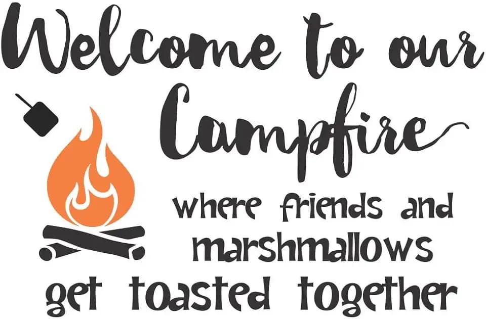 Welcome to Our Campfire Camper RV Decals -Vinyl Camper Decals - Indoor Decals for RV Trailers - RV Camper Decals Sayings for Wall Décor - Die-Cut Vinyl Graphics for RV -23"W x 14"H Black/Orange