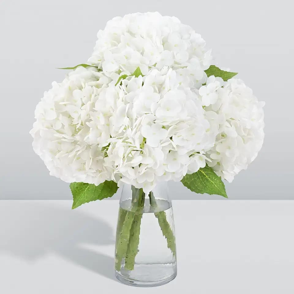 Sherika 22" Real Touch Hydrangea Artificial Flowers, 3Pcs White Full Latex Faux Hydrangea Fake Flowers with Long Stem & Leaves for Home Decor Party Floral Arrangements Centerpieces Wedding Bouquets