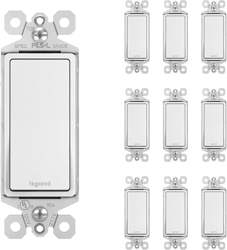 Legrand radiant TM870WCP6 15 Amp Rocker Wall Switch, Single Pole Decorator Light Switches, White (10 Pack)