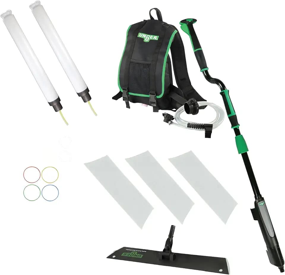 Unger Commercial Excella™ Floor Finishing Kit, 24" – Ergonomic Microfiber Mopping System with Adjustable S-Curve Pole, Onboard Liquid Dispensing, and 5L Backpack Reservoir – EFKT4