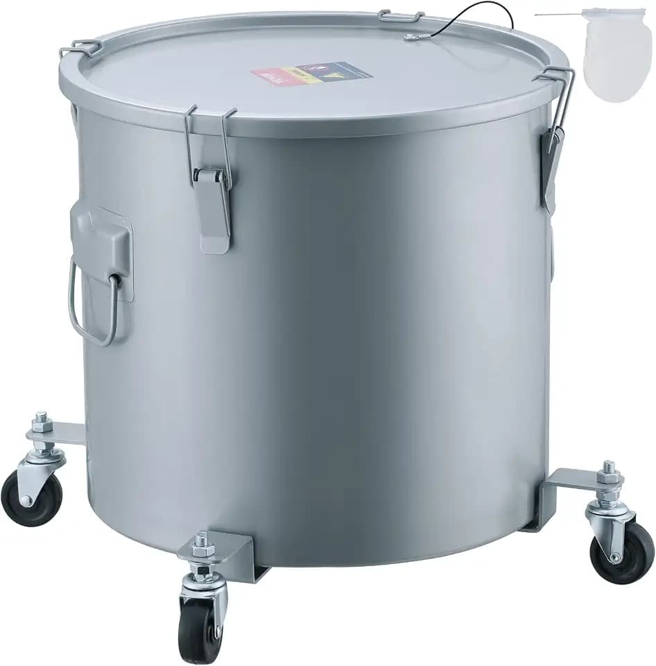 VEVOR Fryer Grease Bucket, 16 Gal Oil Disposal Caddy with Caster Base, Carbon Steel Rust-Proof Coating, Oil Transport Container with Lid, Lock Clips, Filter Bag for Hot Cooking Oil Filtering, Gray