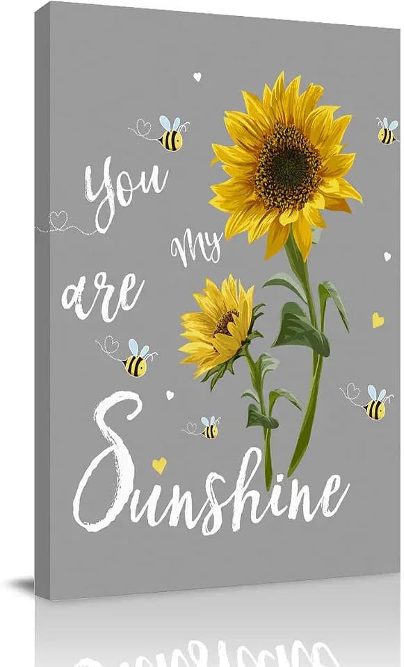 Wall Decor, My Only Sunshine Sunflowers with Bees on Grey Canvas Wall Art, Wall Art for Bedroom Living Room Bathroom Kitchen Office, 16x24 Inch Print Picture Paintings, Framed Ready to Hang