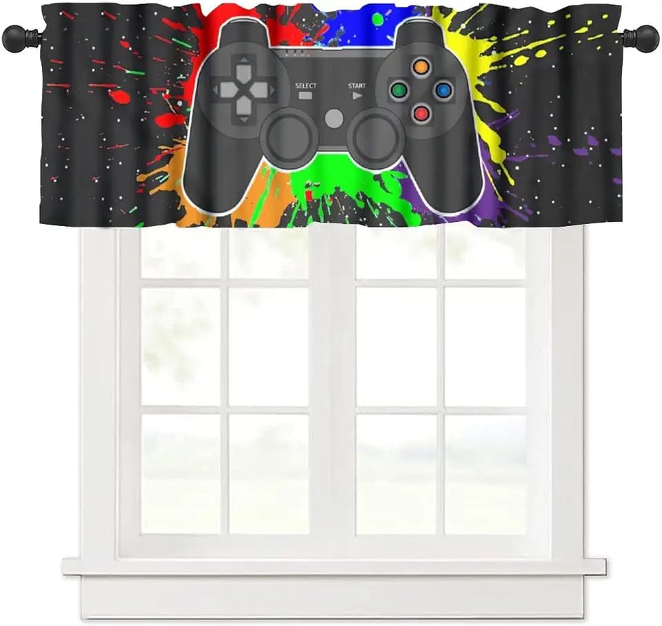 Gamepad Kitchen Curtain Valances Window Boys Girls Colorful Game Controller Rod Pocket Valance Treatments Cool Playing Game Half Curtains Short Topper for Bedroom, Kitchen, Living Room, 54x18in