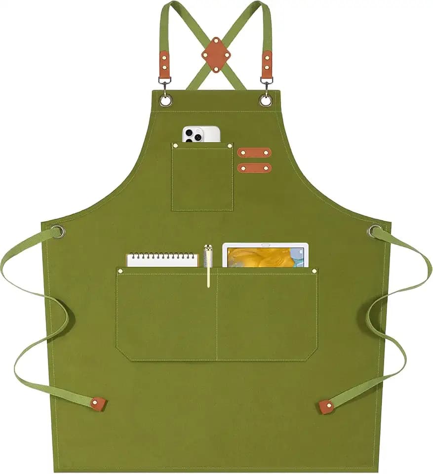AFUN Chef Aprons for Women Men with Oversized Pockets, 12-Ounce Cotton Canvas Cross Back Water Repellent Apron (Army Green)