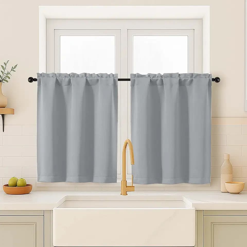 OVZME Silver Grey Blackout Curtains for Small Window Treatment, Light Blocking Short Kitchen Window Curtains Over Sink, Dual Rod Pocket Half Window Tiers for Bathroom Basement, 2x40Wx36L Inches