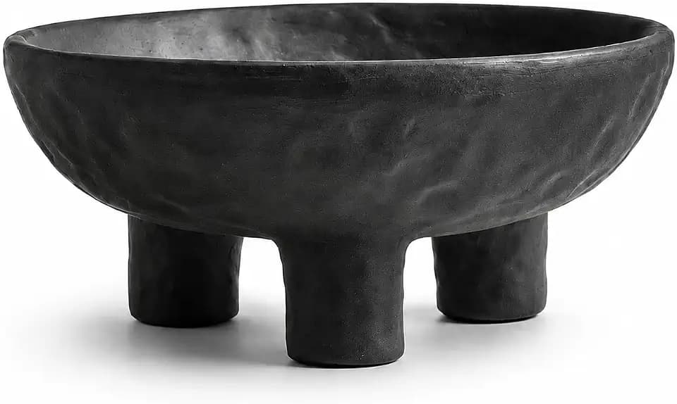 Black Concrete Decorative Bowl, 12 Inch Large Footed Bowl for Home Decor, Heavyweight Pedestal Bowl, Matte Black Centerpiece Bowl for Coffee Table, Shelf, Console, Entryway, Outdoor Styling