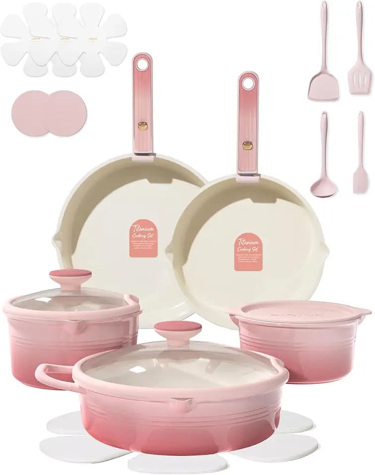 CAROTE 20pcs Titanium Cookware Set, Pots and Pans Set Detachable Handle