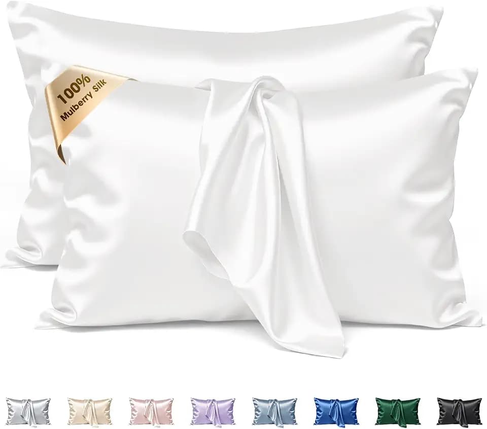 Silk Pillow Cases 2 Pack Standard Size Mulberry Silk Pillowcase Set of 2 for Hair & Skin 26 x 20 Inches 22 Momme Both Sided Grade 6A Silk Soft Breathable Cooling with Hidden Zipper, White