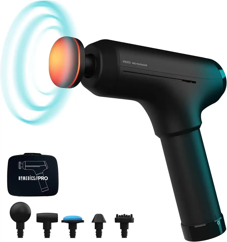 HoMedics Pro Physio Massage Gun - Tiefen Massage für Nacken, Schulter, Rücken - beheizter Kopf zur Linderung von Muskelverspannungen, 5 Massageköpfe, kabellos, wiederaufladbar - Schwarz
