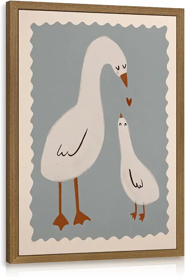 LERVR Wood Framed Funny Goose Nursery Wall Art, Cute Animal Nursery Decor, Mother and Baby Goose Illustration Poster Print, Minimalist Neutral Aesthetic Picture for Kids Room Bedroom 16x24 Inch