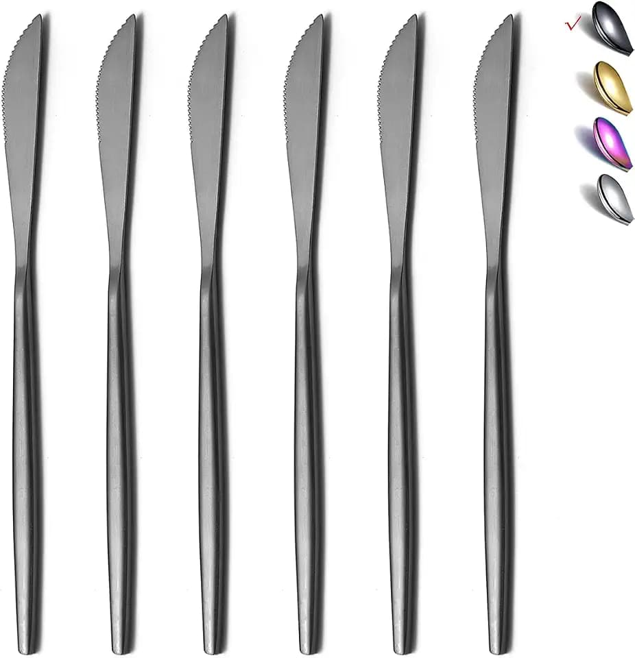 HOMQUEN Dinner Knives 6 Piece, Stainless Steel Matt Black Dinner Knife, Sturdy butter knife, Modern Design butter knives, Dishwasher Safe (Matt Black-8.9 Inch)