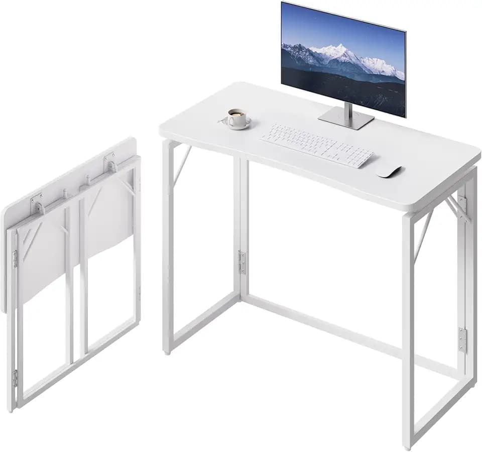 JOYMOOP 31.5" White Folding Desk, No Assembly, Wooden Top, Small Size