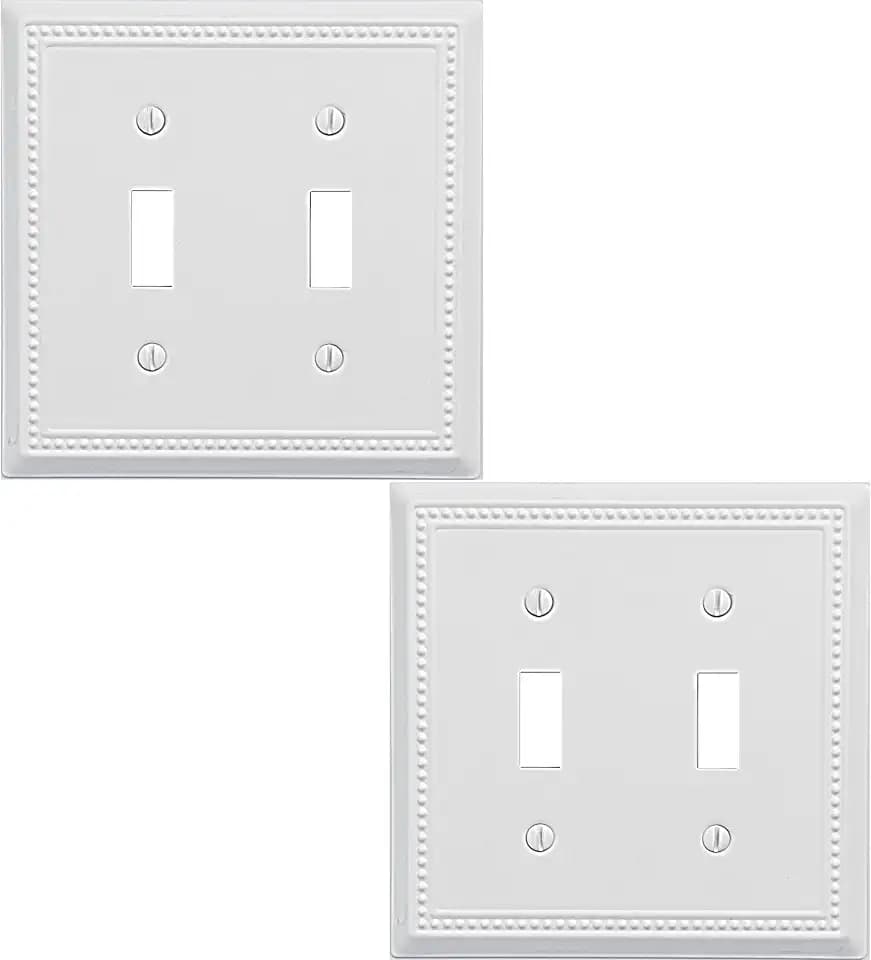 OKAWYC Double Toggle Light Switch Cover Belaire Beaded Metal Wall Plate, 2-Pack White 2 Gang, Light Switch Cover Decorative Wallplate, Durable
