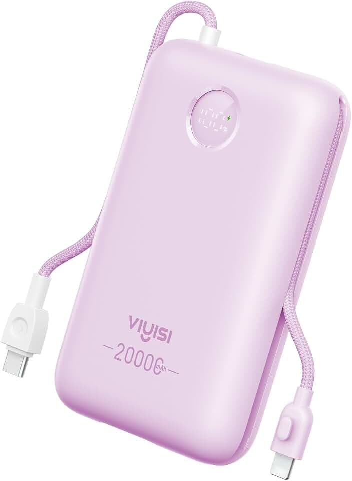 VIYISI Powerbank 20000mAh 30W PD mit integrierten 2 Kabeln, Lila