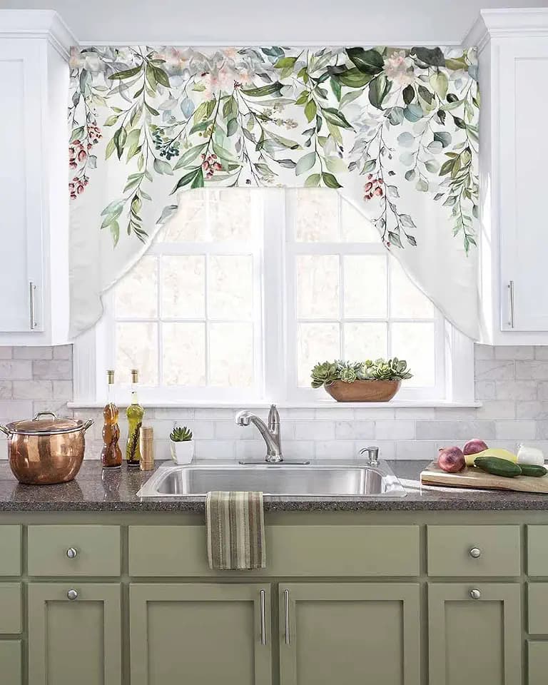 Watercolor Spring Floral Swag Valances for Kitchen Window, Eucalyptus Leaves Flowers Small Swag Curtains Drapes for Bedroom Bathroom Over Sink Rod Pocket Window Treatment Decor Valances, 56x36 Inch