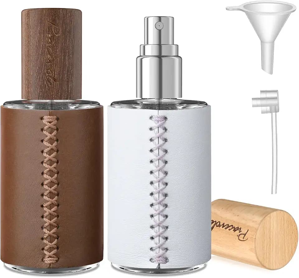 2 Pcs Leather Cologne Bottles Empty Refillable Atomizer, Travel Glass Spray Bottle for Men with Perfume Dispenser (Brown+White, 20ML)