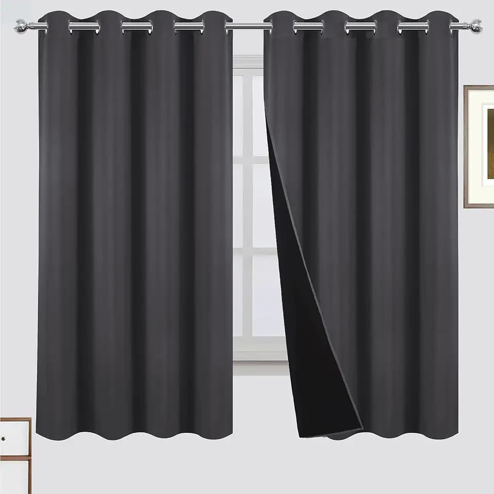 LEMOMO 100% Blackout Curtains 52 x 63 Inch Dark Grey Curtains 2 Panels Darkening Thermal Insulated Bedroom Curtains