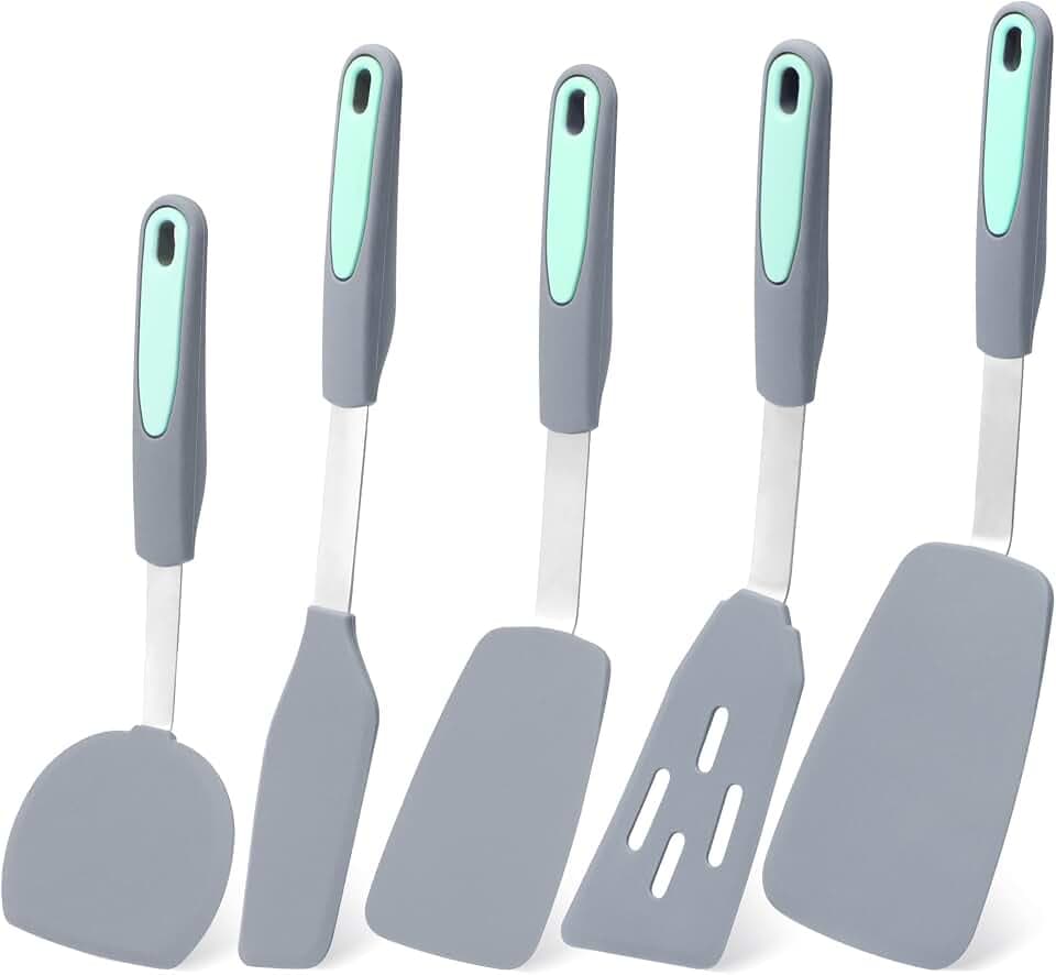 Tongjude 5 Pieces Silicone Spatula Set, Heat Resistant Non-Stick Kitchen Utensils, Silicone Turner Spatulas for Cooking, Frying & Pancake, Light Grey