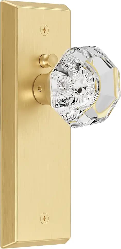 Antique Crystal Privacy Door Knobs Interior with Lock, Brushed Gold