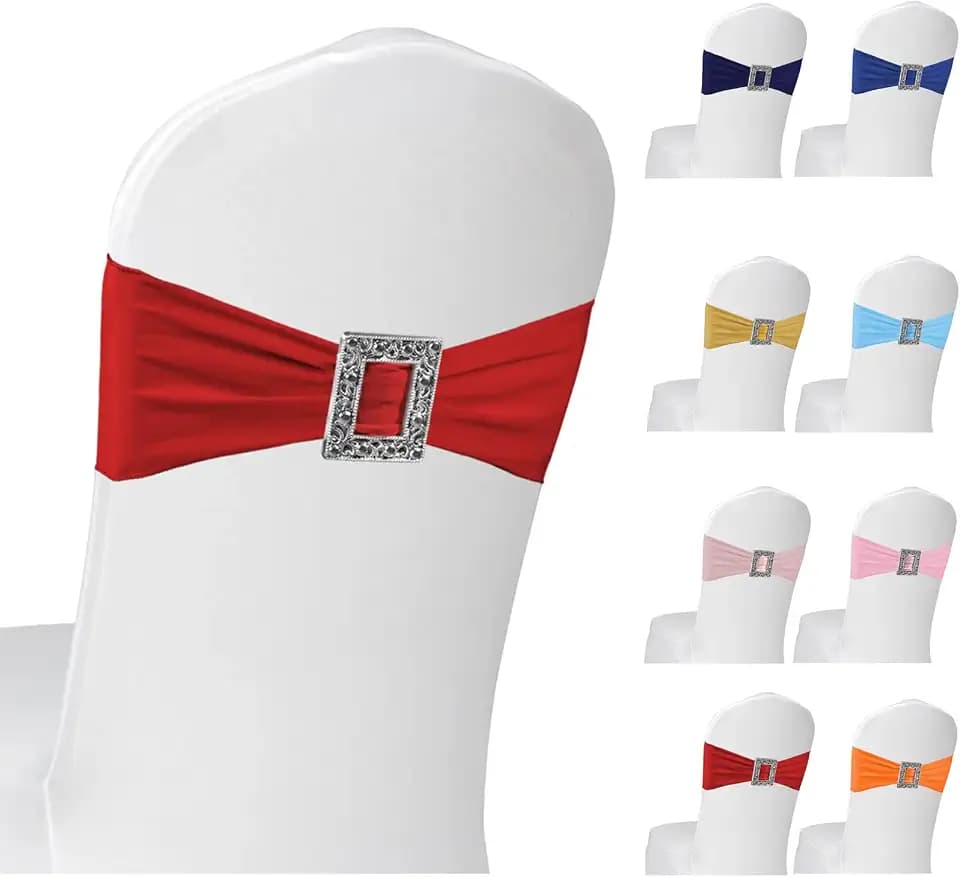 100 PCS Spandex Red Chair Sashes, Elastic Stretch Chair Cover Bands Ties Bows with Buckle Slider for Wedding Party Banquet Restaurant Baby Shower Chairs Decorations