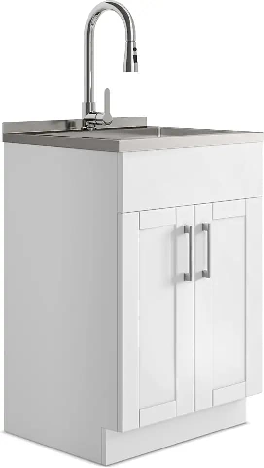 SIMPLIHOME Modern Wide Shaker 24" Wide Stainless Steel Sink Laundry Cabinet