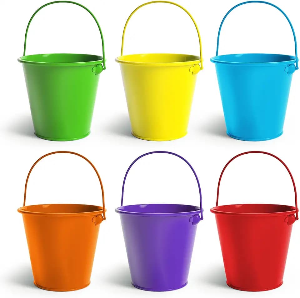 Colorlaza Small Metal Buckets with Handle 6 Pcs – Mini Galvanized Tin Pails 20 fl oz for Party Decor, Classroom Pencil Holder, Candy Buckets, Centerpiece, Kids Crafts (Multi-Colored, Small 4.3" Top)