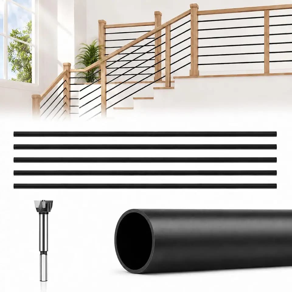 5 Pack 4 ft 5/8 Inch Round Iron Horizontal Stair Balusters, Black