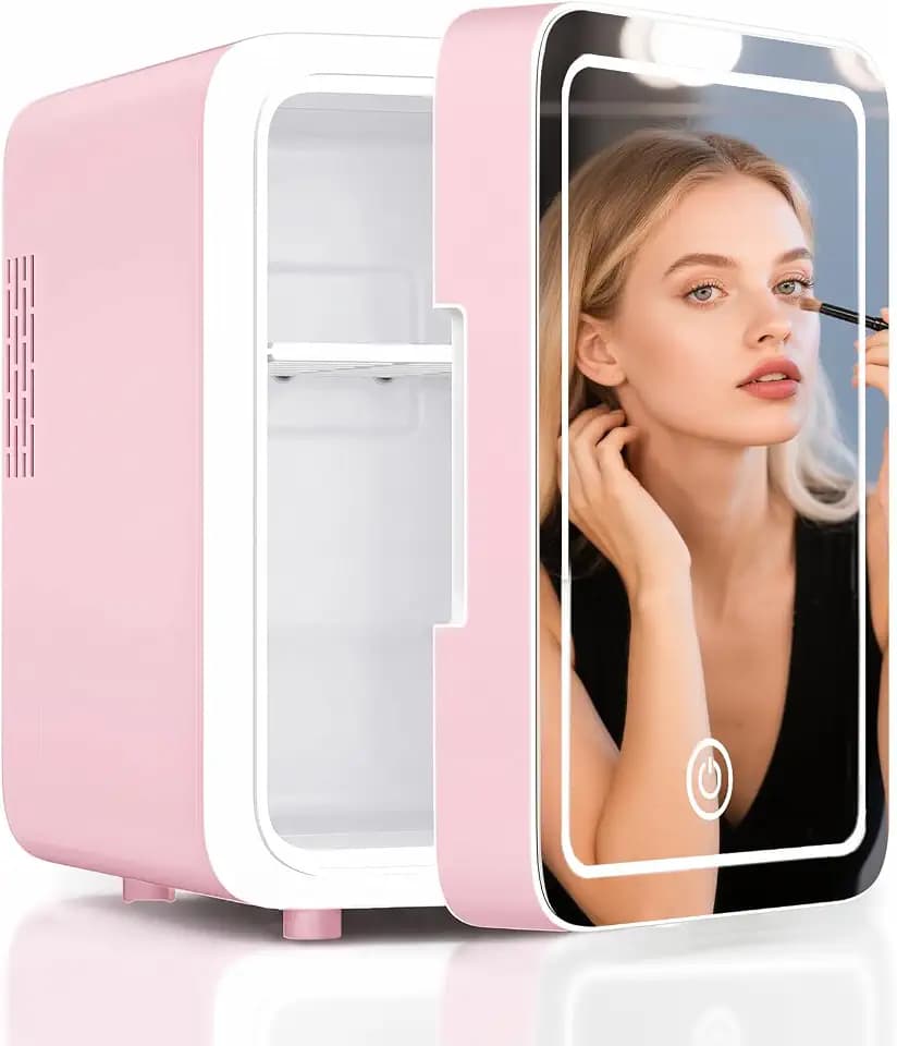 CUTIEWORLD 4L Mini Makeup Fridge with LED Mirror, Blush Rose