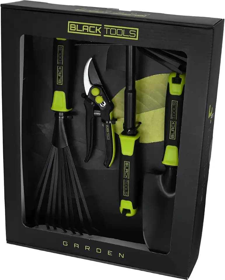 Black Tools® Garden Gartengeräte-Set 4-teilig | Pflanzkelle, Kombihacke, Gartenschere, Fächerbesen | Optimales Set für den kleinen Garten oder Balkon | Garten, Kübel, Balkonkästen, Beete