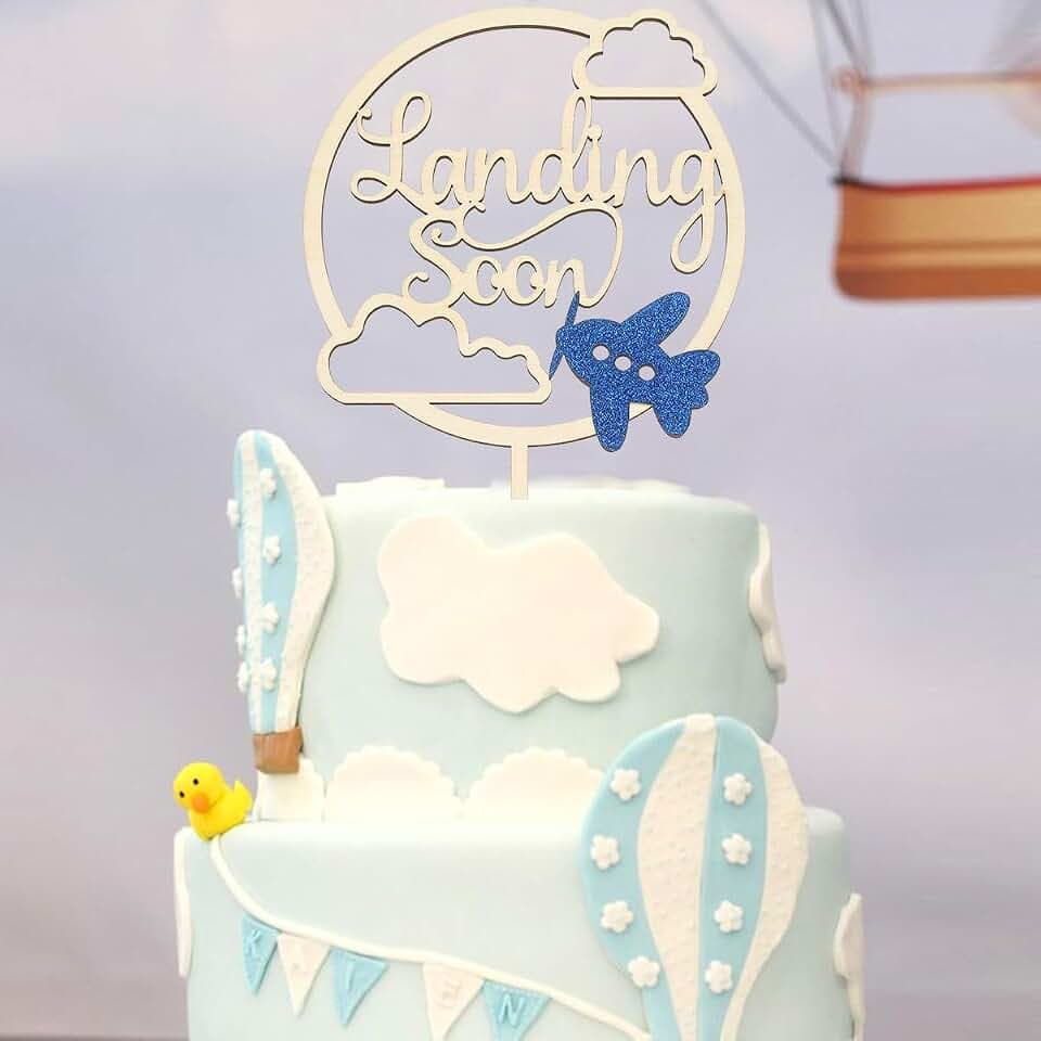 Landing Soon Wooden Airplane Personalized Cake Topper, Baby Shower Decor