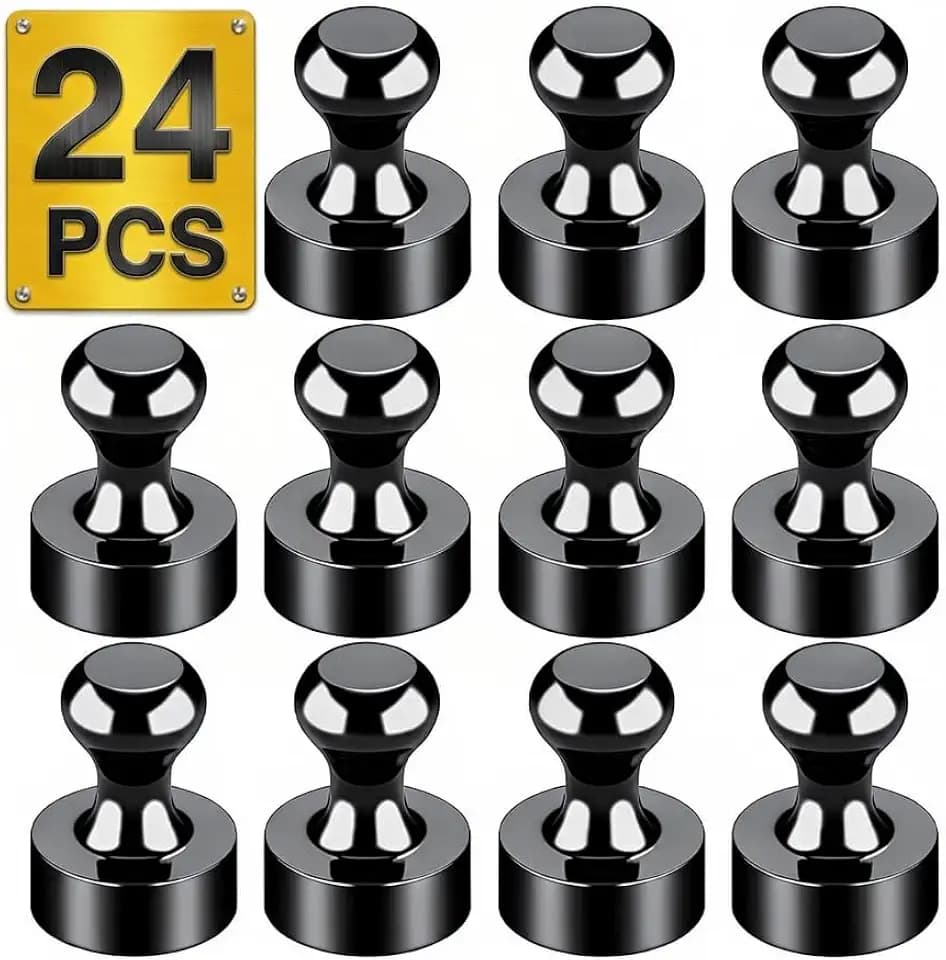 Metallic Magnets, Refrigerator Magnets, 24 Pack Black Magnetic Push Pins, Strong Fridge Magnets, Multi-use Whiteboard Magnets Perfect for Kitchen Office Classroom
