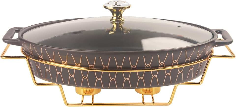 12" x 8" Ceramic Oval Casserole Dish with Glass Lid and rack, 1.7 Quart Serving Soup Tureen,Chafing Dish for Buffet, Family Food preserve Tray, Catering Casserole for Party Style, Black