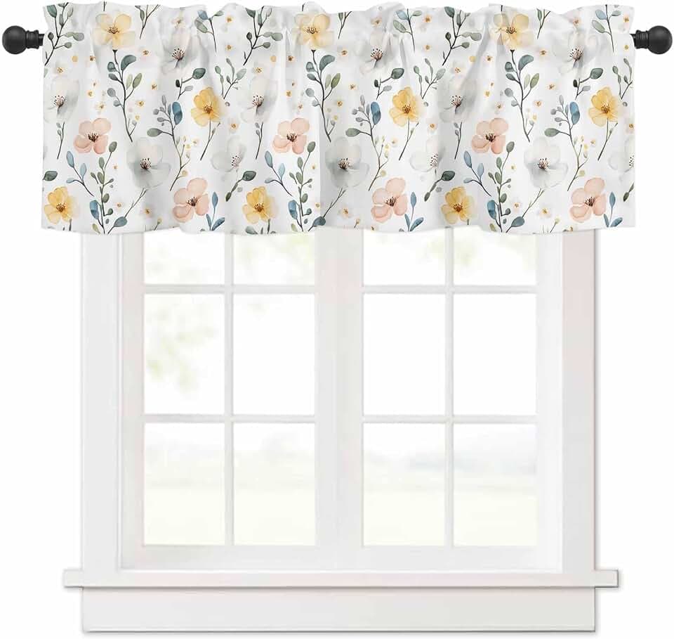 T&H XHome Watercolor Flower Valances for Windows Rustic Spring Plant Summer Window Treatment Valances Rod Pocket Curtain Valance for Kitchen, Bathroom, Living Room, Bedroom 42" x 12"