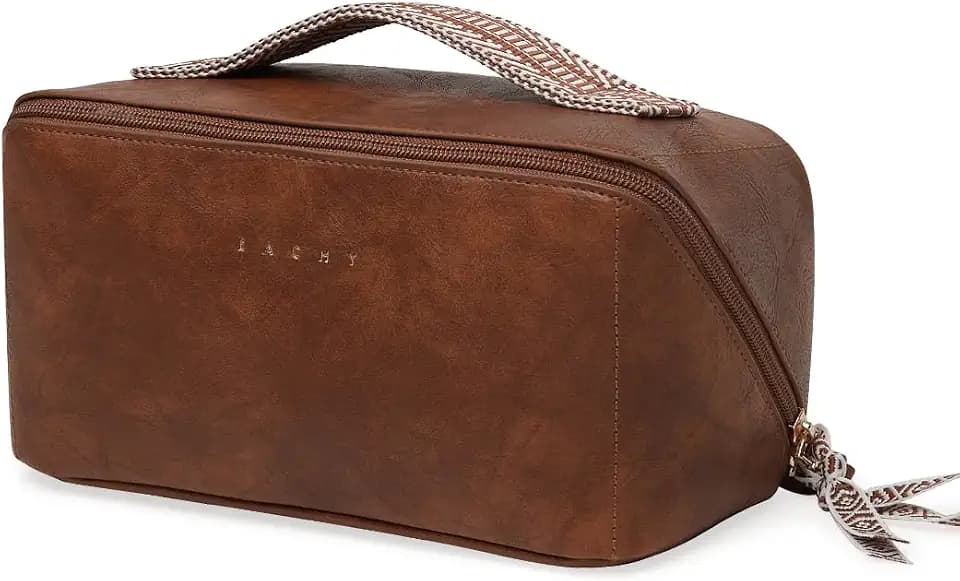 EACHY Travel Makeup Bag for Women, PU Leather Cosmetic Bag, Brown, Medium