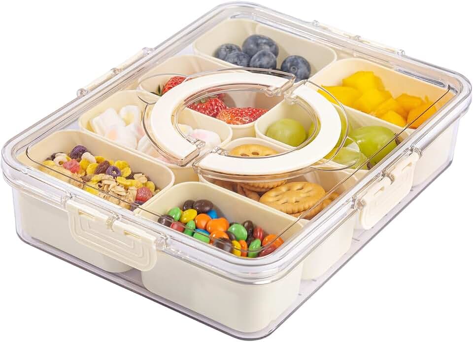U-QE Dishwasher Safe Snackle Box Container with 8 Small Snacks Box - Premium Ivory Plastic Divided Serving Tray with Lid and Handle for Snack, Veggie, Fruits, Perfect for Party, Picnic, Entertaining